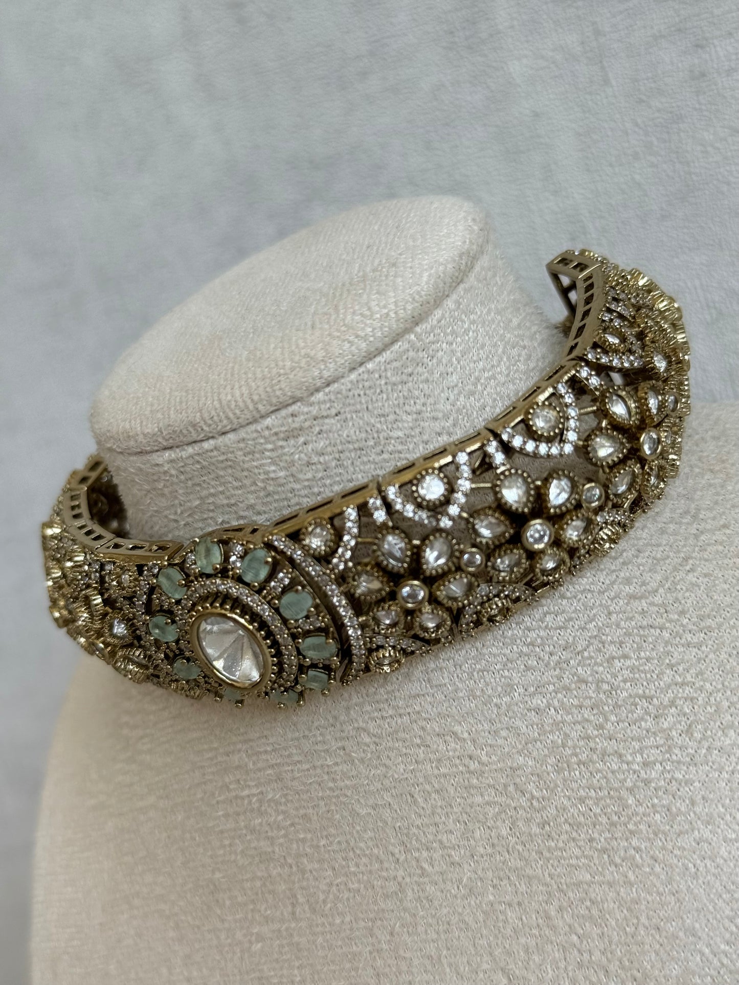 Ayura Designs Genevieve Choker Set with Studs – Mint Crystal Kundan in Antique Gold