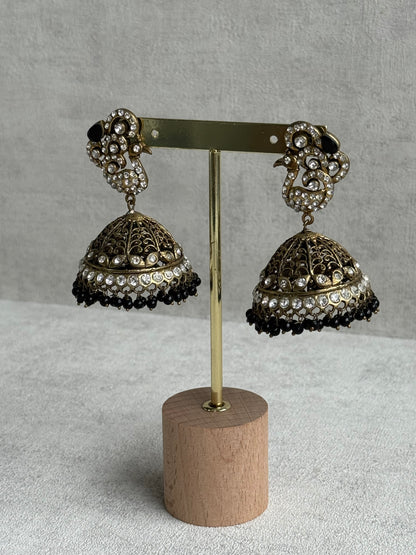 Ayura Designs Mayurika Jhumkis – Antique Gold Jhumkis with Crystal Stones, Black Beads & Peacock Motif