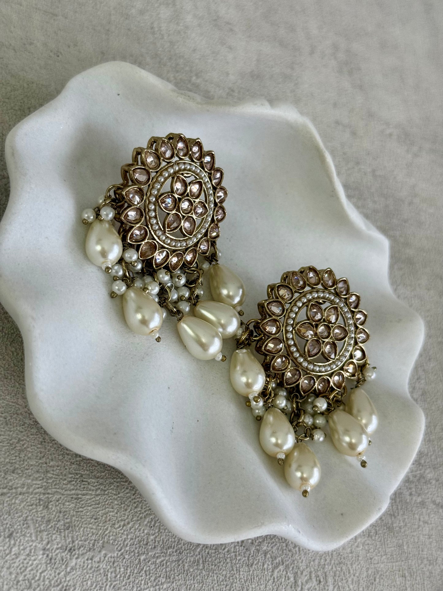 Ayura Designs Aynoor Lotus Ring Earrings – Antique Gold Finish with Mirror-Cut Stones & Pearl Drops
