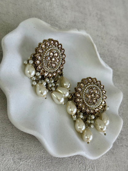 Ayura Designs Aynoor Lotus Ring Earrings – Antique Gold Finish with Mirror-Cut Stones & Pearl Drops