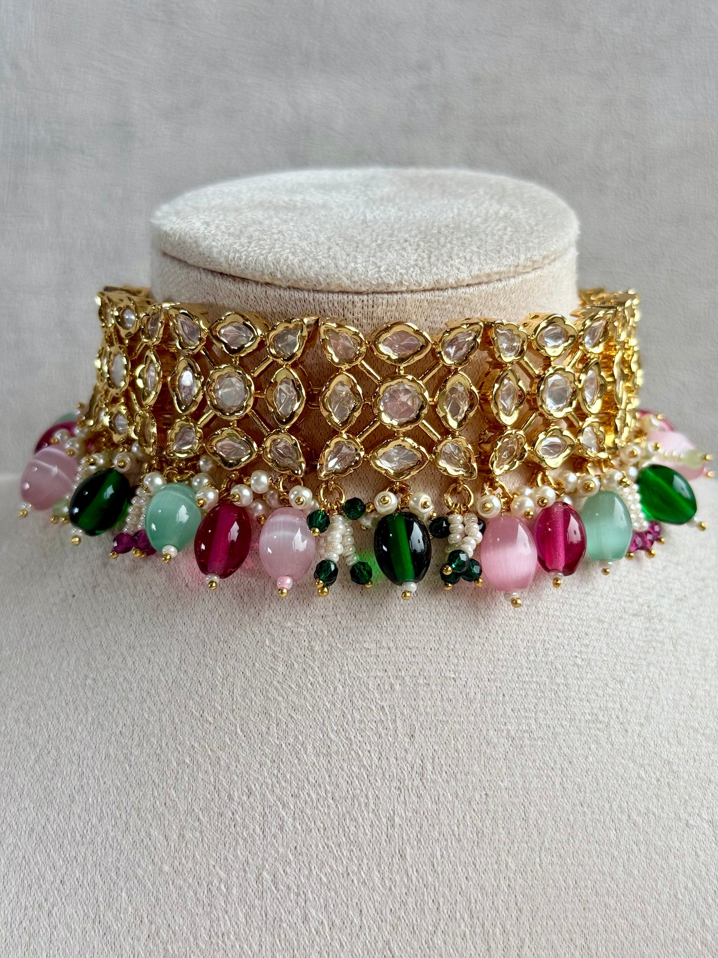 Ayura Designs Navya Choker Set with Earrings – Gold Finish with Moissanite Stones, Lattice Design, Emerald Beads & Pearl Detailing