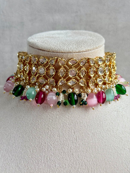 Ayura Designs Navya Choker Set with Earrings – Gold Finish with Moissanite Stones, Lattice Design, Emerald Beads & Pearl Detailing