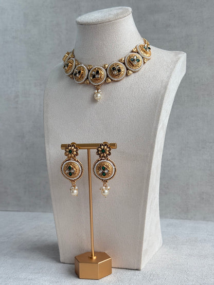 Ayura Designs Kaya Necklace Set with Earrings – Emerald Green Kundan Stones, Pearls & Antique Gold Finish