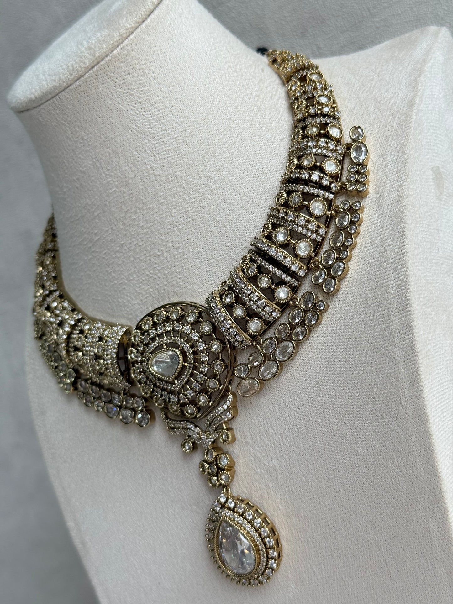 Ayura Designs Ahana Necklace Set with Earrings – Crystal Teardrop Stones & Moissanite Detailing