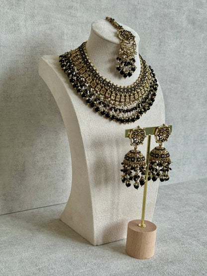 Ayura Designs Diya Set with Jhumkis & Tikka – in Midnight Blue, Antique Gold & Pearl Detailing