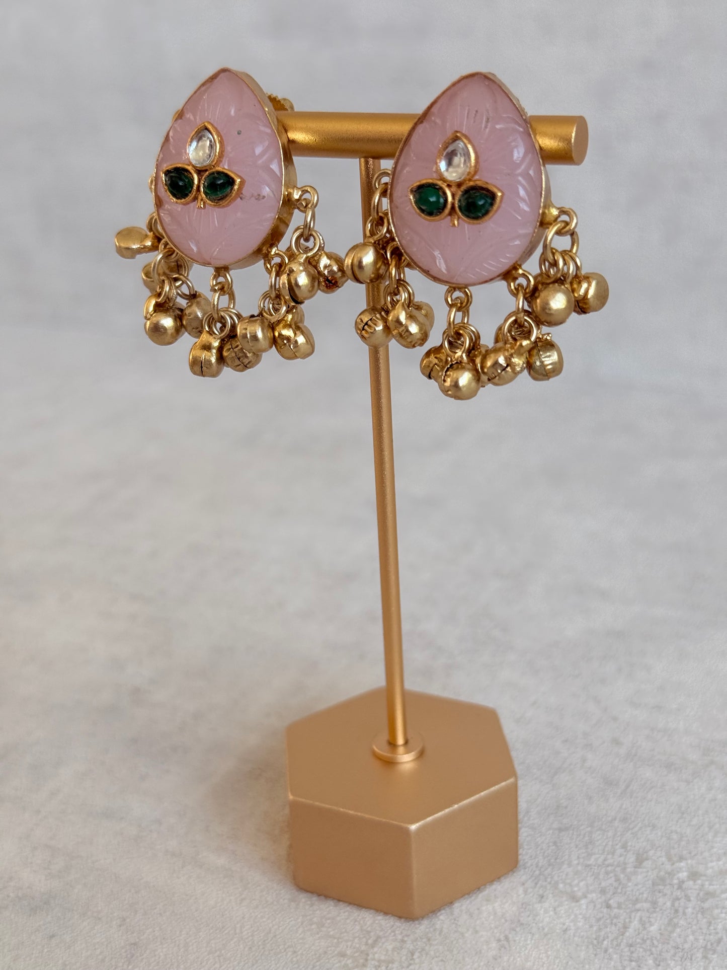 Ayura Designs Aykai Earrings – Baby Pink Carved Teardrop Stud Earrings with Clear Kundan Stones and Gold Ghungroo Drops
