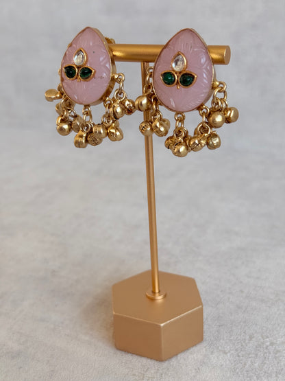 Ayura Designs Aykai Earrings – Baby Pink Carved Teardrop Stud Earrings with Clear Kundan Stones and Gold Ghungroo Drops