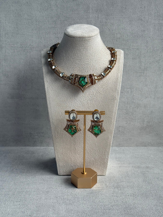 Ayura Designs Krupa Set – Necklace & Earrings with Green Stone featuring Natural Marbling, Mirror-Cut Kundan & Antique Gold Detailing