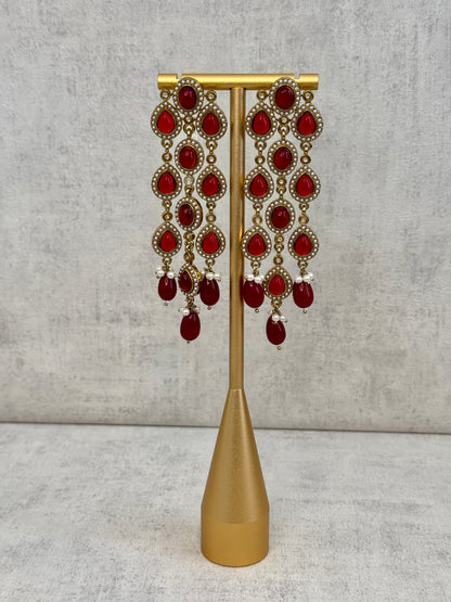 Ayura Designs Mia Earrings – Handcrafted Gold-Toned Cascading Earrings with Red Gemstones, Pearl Accents & Elegant Drop Detailing