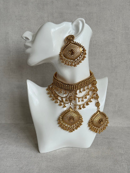 Ayura Designs Sahira Choker Set with Earrings & Tikka – Gold Engraved Choker with Floral Pendant & Ghungroo Detailing