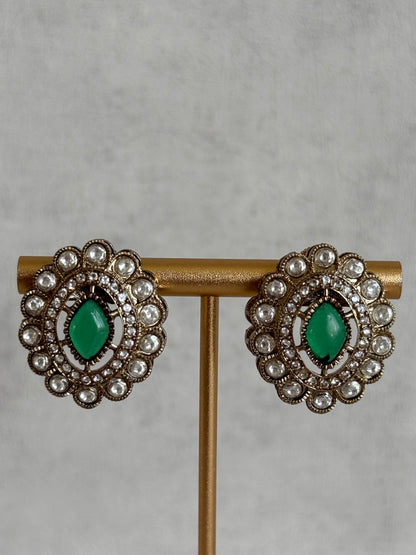 Ayura Designs Ivy Necklace Set with Studs & Tikka – Emerald Green Kundan Detailing