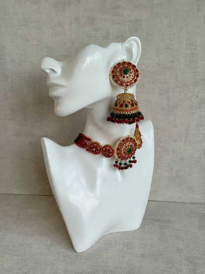 Ayura Designs Lubna Choker Set with Jhumkis & Ring – Ruby Red, Emerald Green & Pearl Detailing in Antique Gold Finish