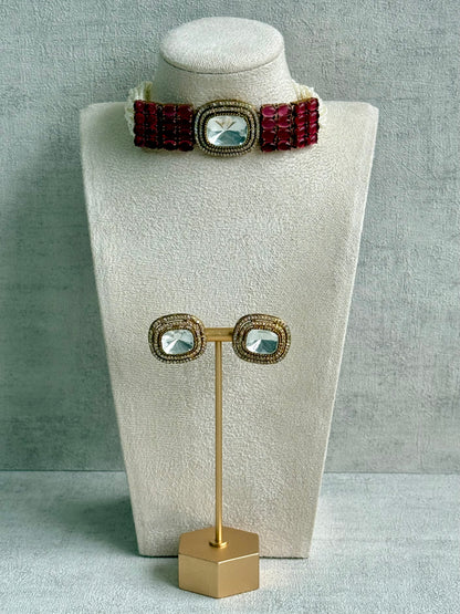 Ayura Designs Emma Choker Set – Ruby Fuchsia Gemstone Choker & Studs with Mirror-Cut Centrepiece, Pearl Strands & Crystal Borders