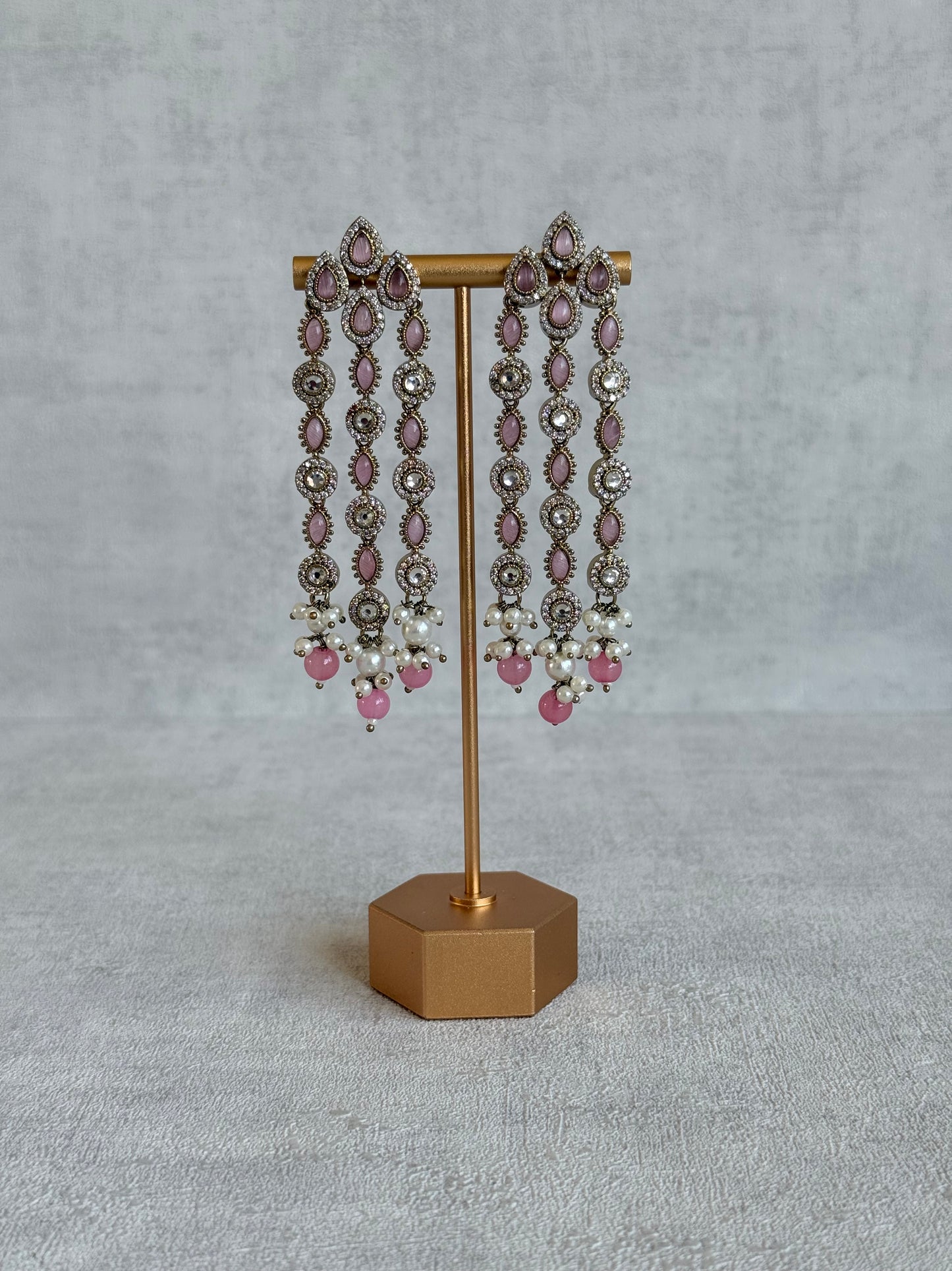 Ayura Designs Emilia Earrings – Gold Triple Strand Statement Earrings with Blush Pink Stones & Pearl Drops