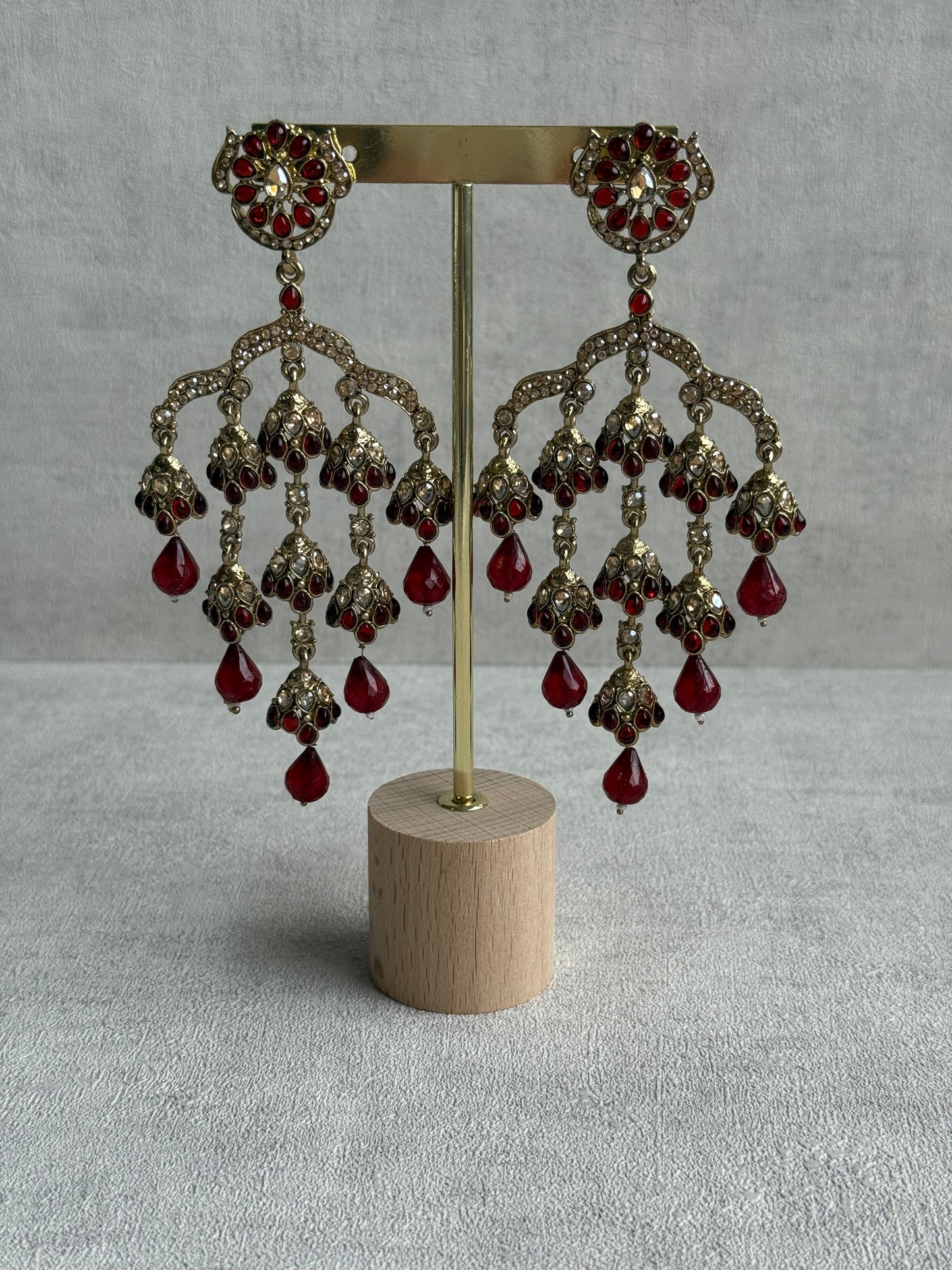 Ayura Designs Jasmine Earrings – Chandelier Earrings with Maroon Beads & Antique Gold Detailing