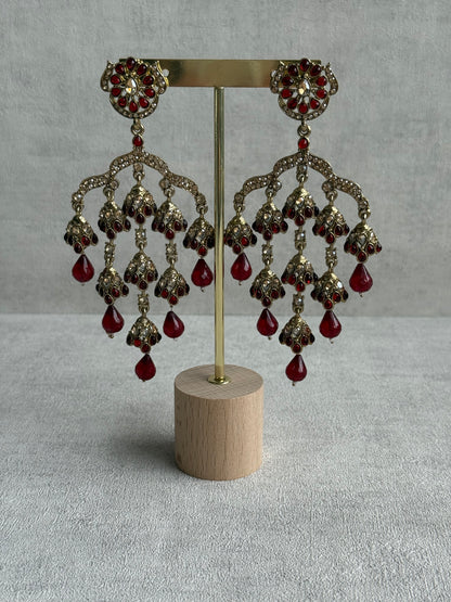 Ayura Designs Jasmine Earrings – Chandelier Earrings with Maroon Beads & Antique Gold Detailing