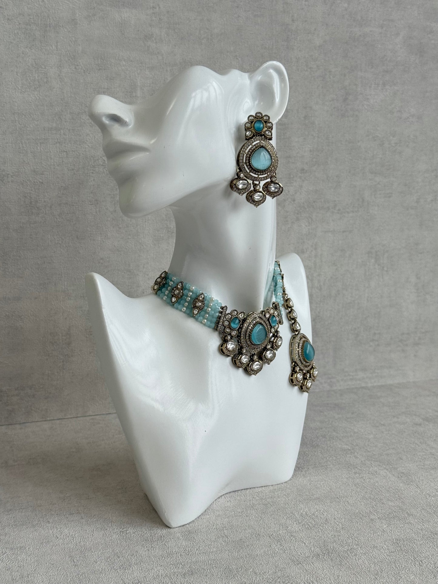 Ayura Designs Rahi Necklace Set with Earrings & Tikka – Aqua Blue Stones with Mirror-Cut Detailing & Pearl Strands