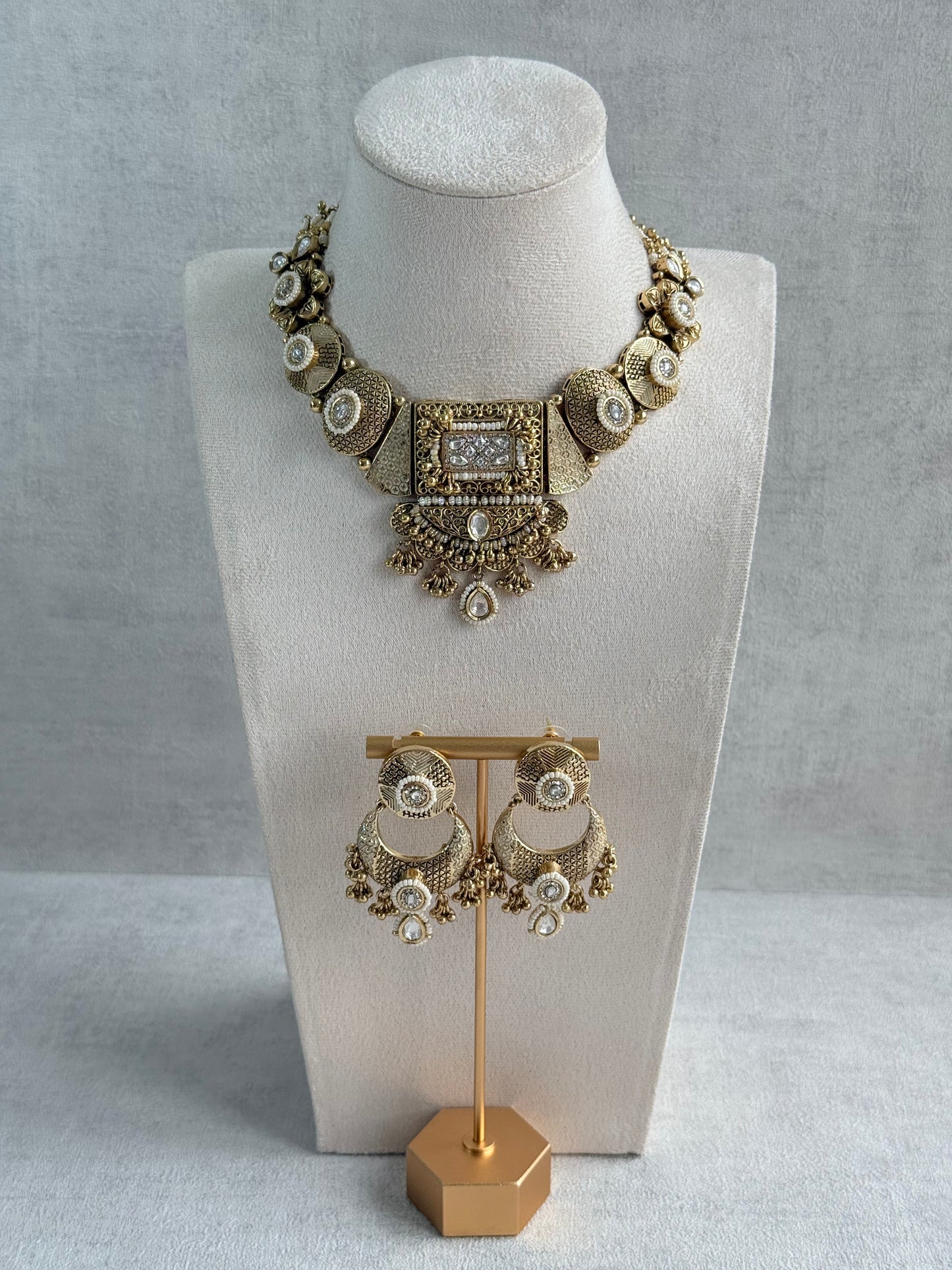 Ayura Designs Purvi Set – Necklace & Earrings with Antique Gold Filigree, Ivory & Pearl Detailing