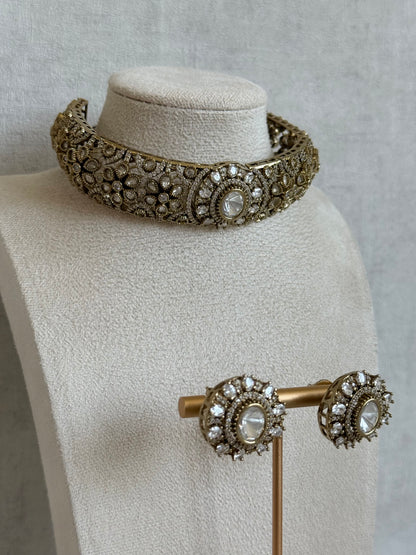 Ayura Designs Genevieve Choker Set with Studs – Crystal Kundan in Antique Gold