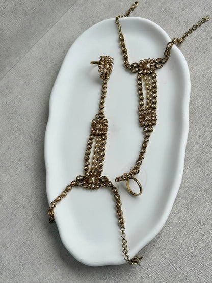 Ayura Designs Rupi Haathphool – Antique Gold with Champagne Stones & Pearl Detailing