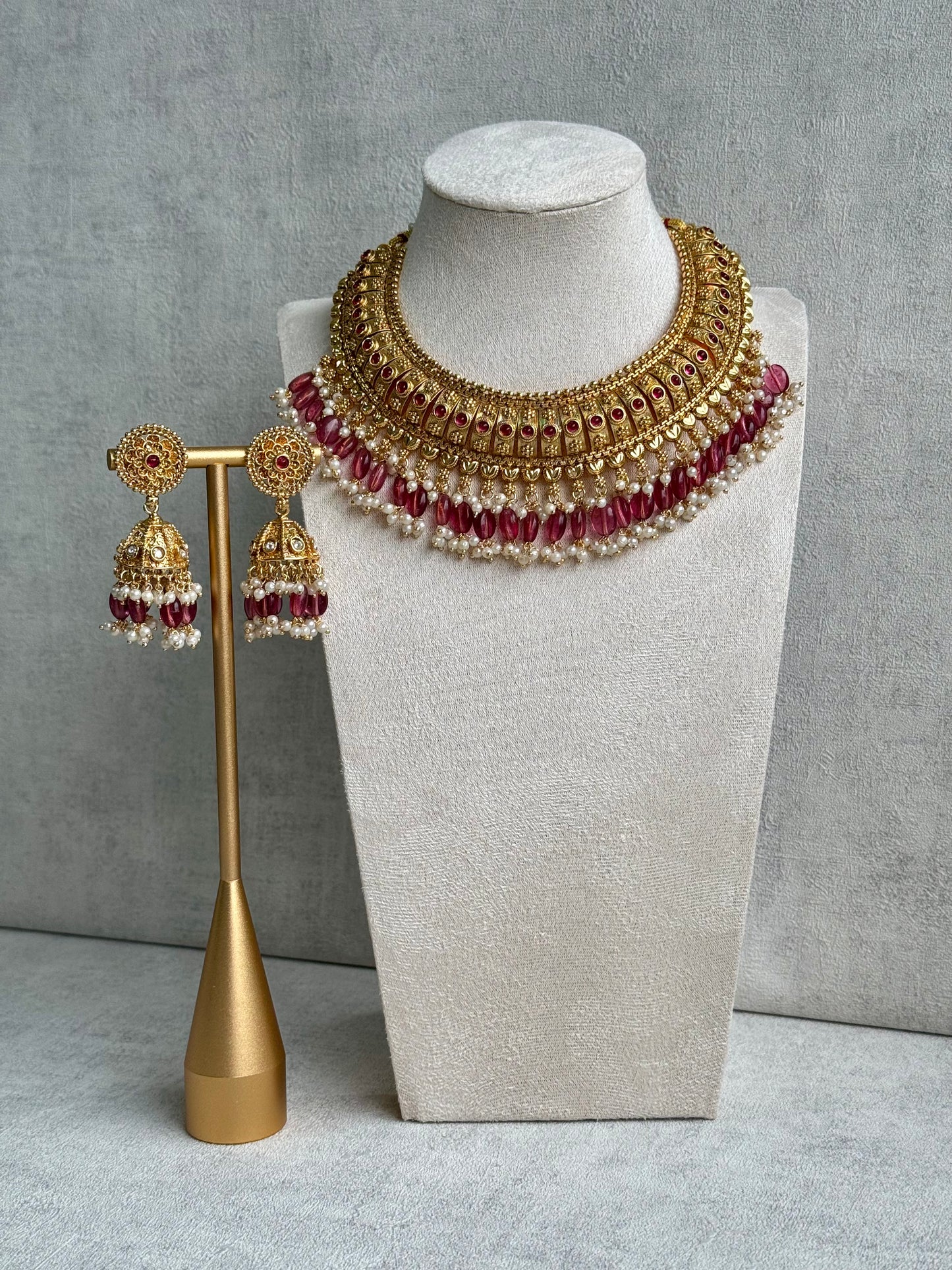 Ayura Designs Gulab Set with Jhumkis – Opulent Gold Adorned with Red & White Beads