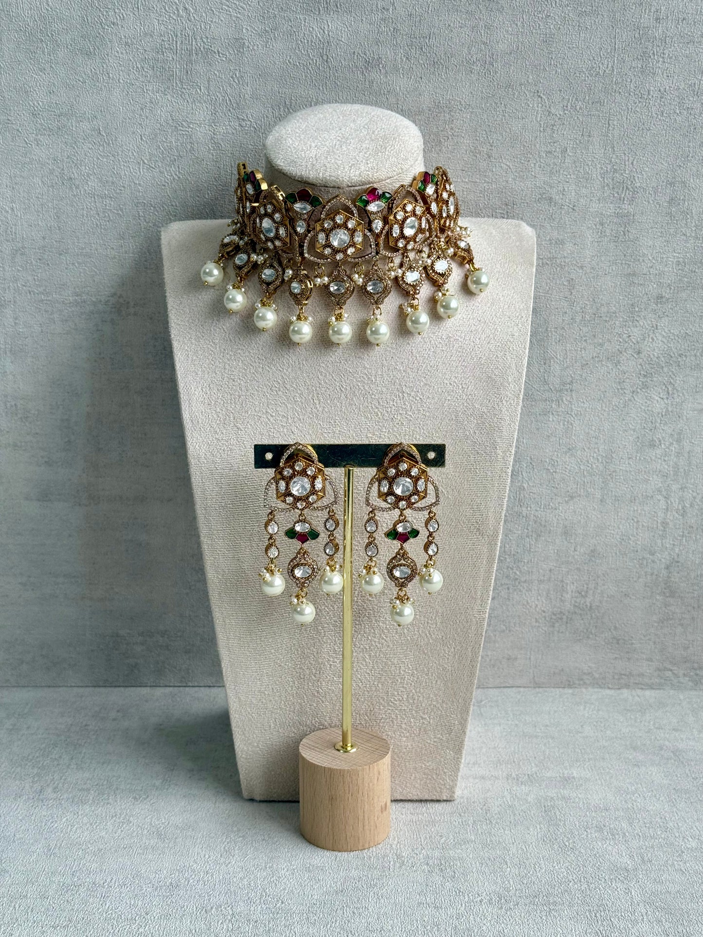 Ayura Designs Serina Choker Set with Earrings – Green & Pink Enamel, Mirror-Cut Stones & Pearl Drops