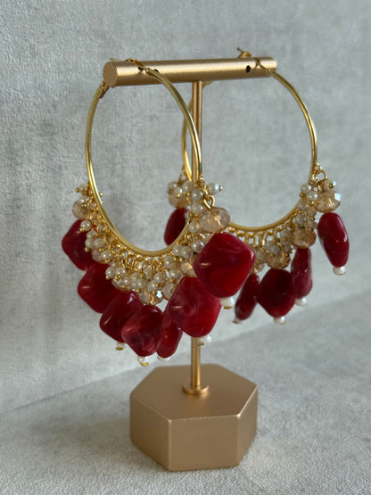 Ayura Designs Heer Balis – Gold Hoops with Ruby Marble Beads, Pearls & Crystal Detailing