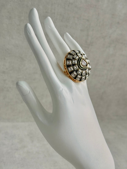 Ayura Designs Zaib Adjustable Ring – Mirror-Cut Stone with Green Enamel & Crystal Detailing