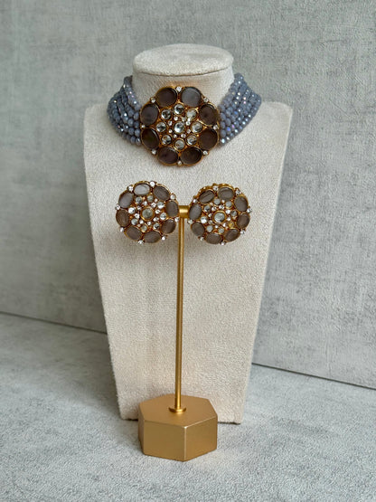 Ayura Designs Yasmin Kundan Choker Set with Studs – Slate Grey Beads & Mirror-Cut Stones