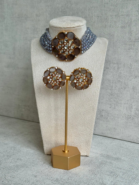 Ayura Designs Yasmin Kundan Choker Set with Studs – Dove Grey Beads & Mirror-Cut Stones