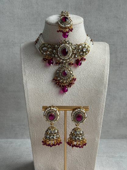 Ayura Designs Muskaan Set – Choker, Jhumkis & Tikka with Magenta Beads, Kundan Stones & Antique Gold Finish