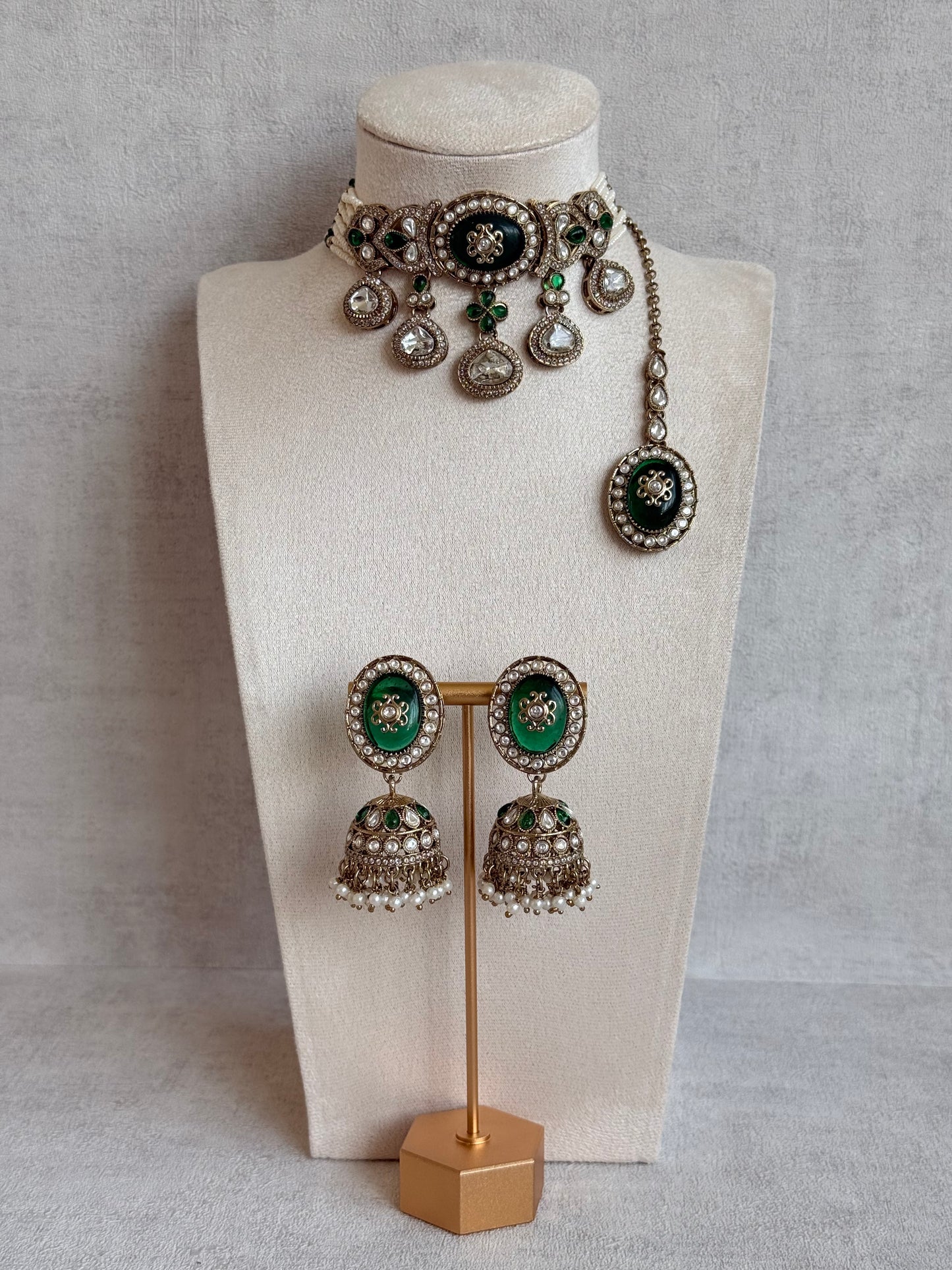 Ayura Designs Myra Choker Set with Earrings & Tikka – Emerald Green Kundan & Pearl Detailing