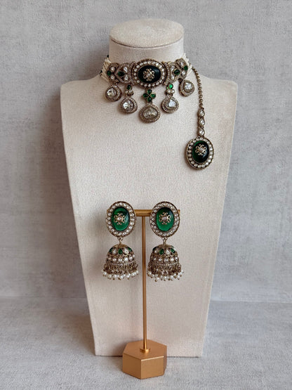 Ayura Designs Myra Choker Set with Earrings & Tikka – Emerald Green Kundan & Pearl Detailing