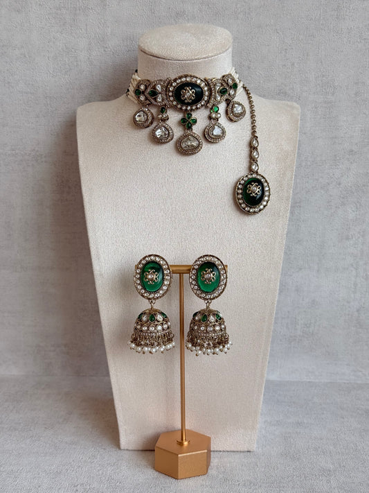 Ayura Designs Myra Choker Set with Earrings & Tikka – Emerald Green Kundan & Pearl Detailing