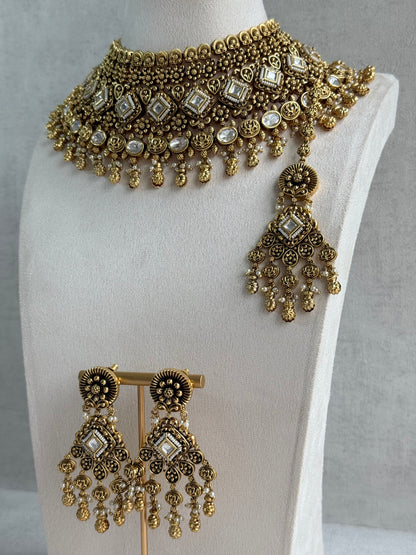Ayura Designs Ehsaas Bridal Set with Earrings & Tikka – Kundan Stones, Pearls in Antique Gold Finish