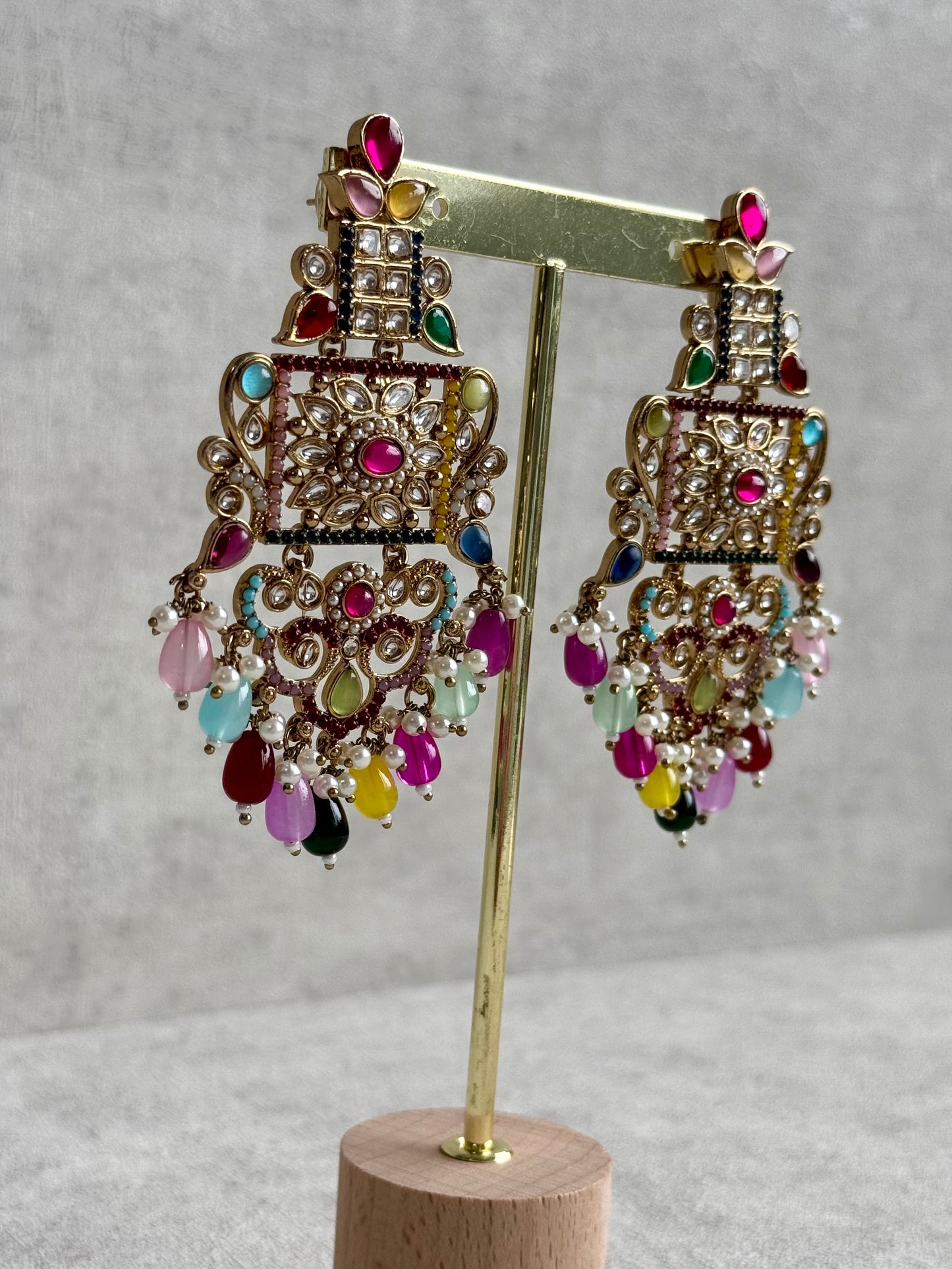 Ayura Designs Arwa Earrings – Antique Gold Finish with Multicolour Stones & Pearl Detailing