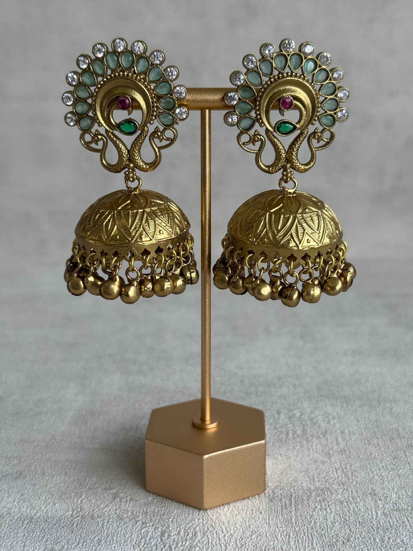 Ayura Designs Moraya Jhumkis – Mint Green Peacock Motif with Antique Gold Detailing