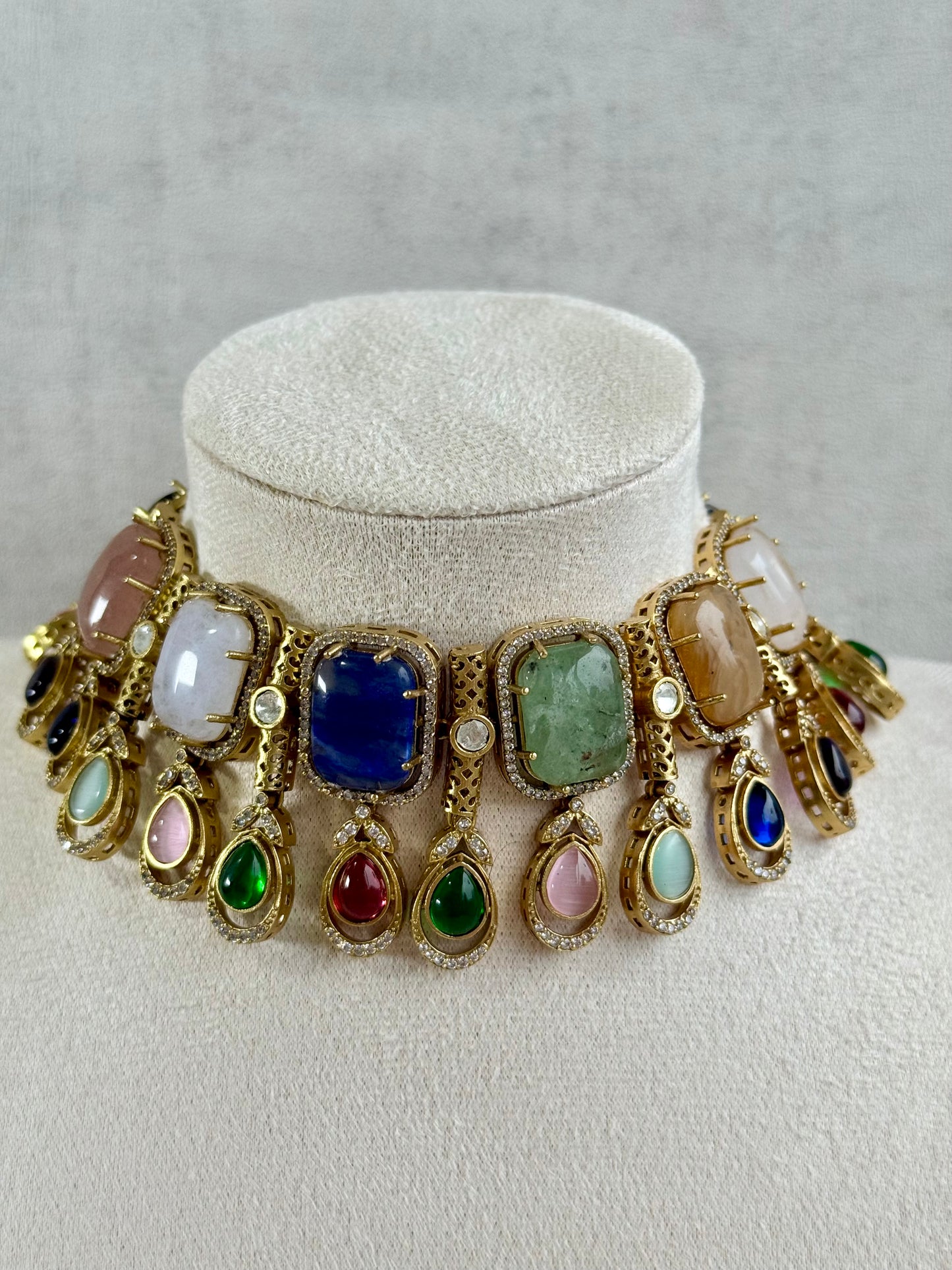 Ayura Designs Adelaide Necklace Set with Earrings – Multicolour Moissanite with Blue Stone Drop Earrings