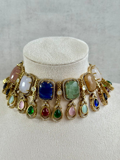 Ayura Designs Adelaide Necklace Set with Earrings – Multicolour Moissanite with Blue Stone Drop Earrings