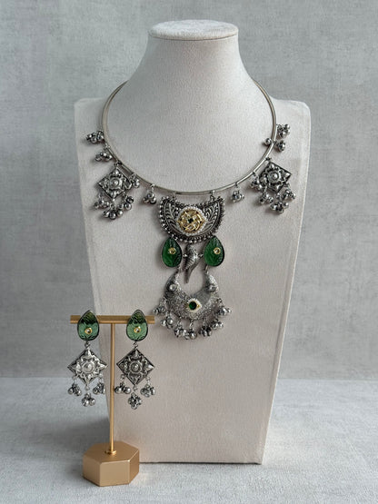 Ayura Designs Jiyana Collar Necklace Set – Leaf Green Carved Teardrop Stones & Oxidised Silver Finish