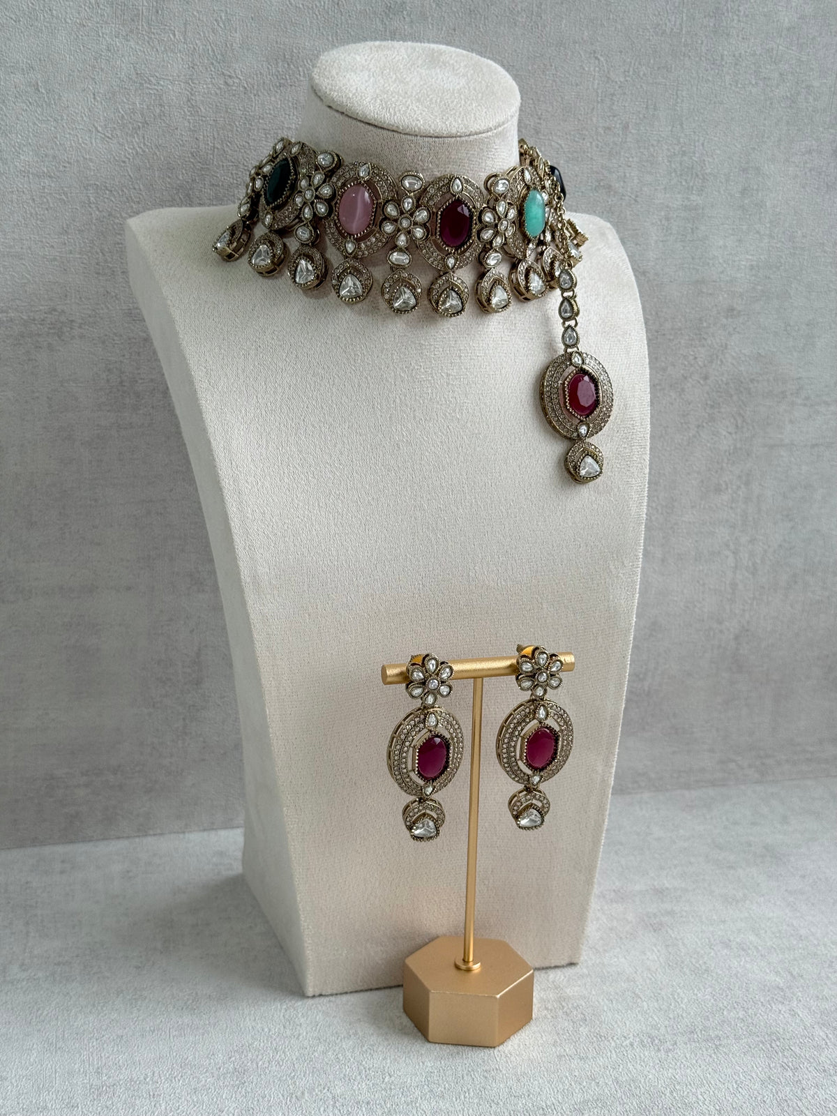 Ayura Designs Emanya Choker Set – Choker, Earrings & Tikka with Mirror-Cut Stones, Multicolour & Antique Gold Detailing
