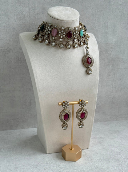 Ayura Designs Emanya Choker Set – Choker, Earrings & Tikka with Mirror-Cut Stones, Multicolour & Antique Gold Detailing