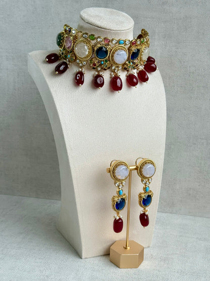 Ayura Designs Dahlia Choker Set with Earrings – Multicolour Stones, Crystal Detailing & Ruby Red Drops