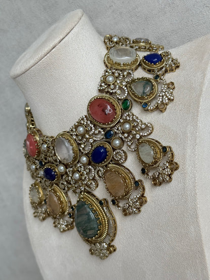Ayura Designs Kimmy Necklace Set with Earrings – Statement Multicolour Necklace with Marble Stone Details & Crystal Work