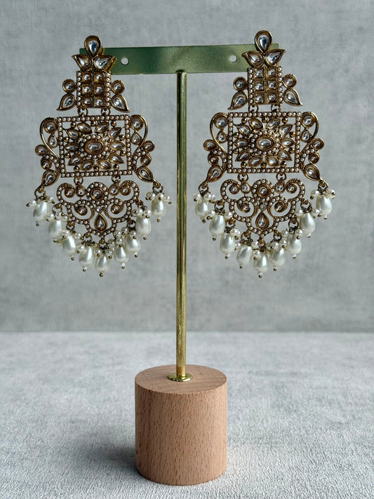 Ayura Designs Arwa Earrings – Antique Gold Finish with Mirror-Cut Stones & Ivory Pearl Drops