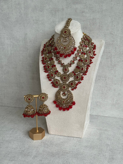 Ayura Designs Samreen Set with Tikka & Jhumkis – in Antique Gold with Red Beads & Mirror-Cut Stones
