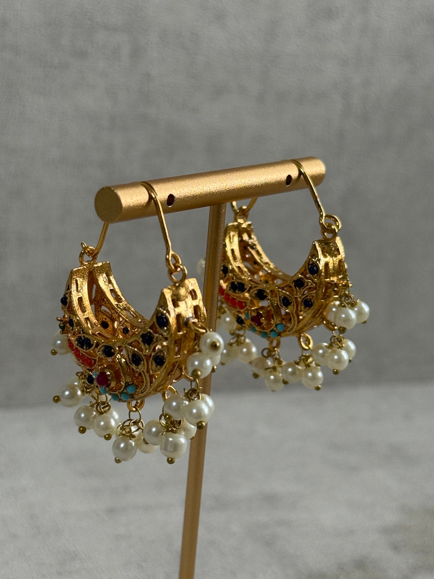 Ayura Designs Rasam Balis – Antique Gold Hoops with Multicolour Stones & Pearl Clusters