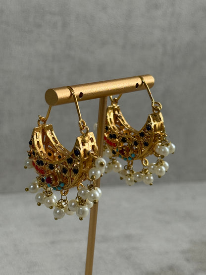 Ayura Designs Rasam Balis – Antique Gold Hoops with Multicolour Stones & Pearl Clusters