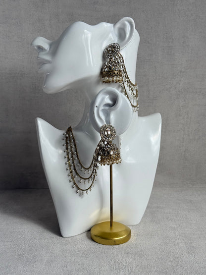 Ayura Designs Aaina Jhumkis – Antique Gold Mirror & Crystal Earrings with Detachable Triple-Layer Pearl Sahare