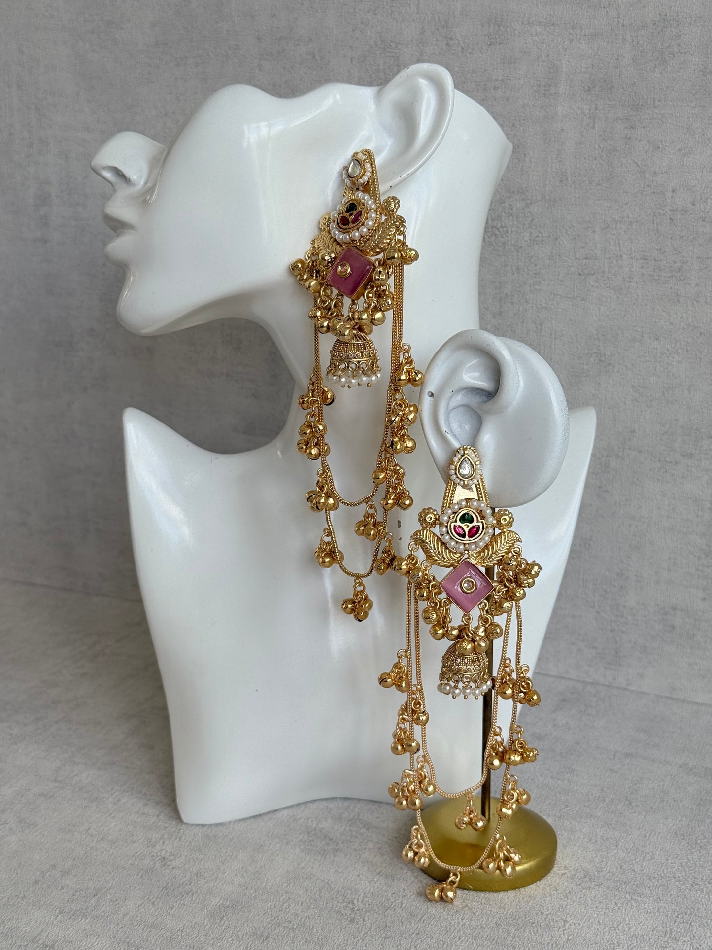 Ayura Designs Simal Earrings – Kashmiri Earrings with Pink Stone, Multicoloured Detailing, Layered Ghungroo Chains & Jhumkis
